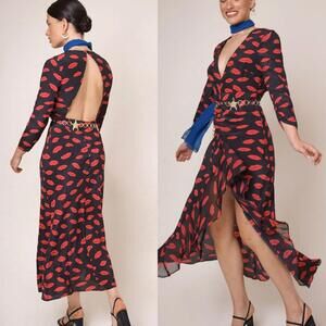 Rixo Kisses Midi Dress Womens Size M Black Red Open Back Deep V Silk